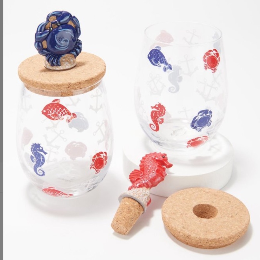 2 Clear & Red Knotical Lidded Stemless Wine Glasses